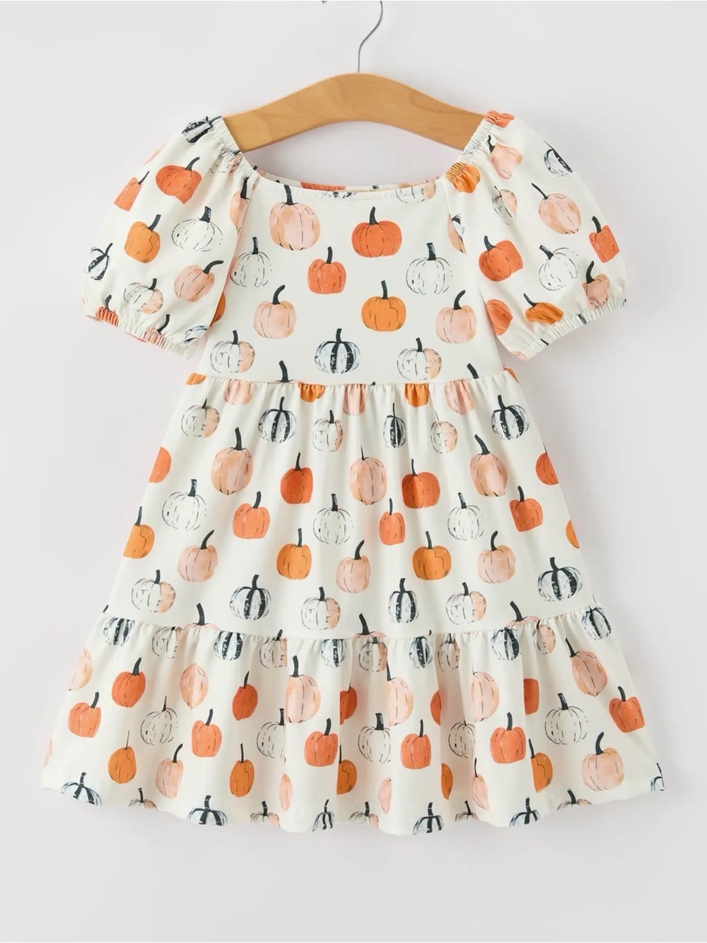 Cream Pumpkin-Print Puff-Sleeve Dress for Kids
